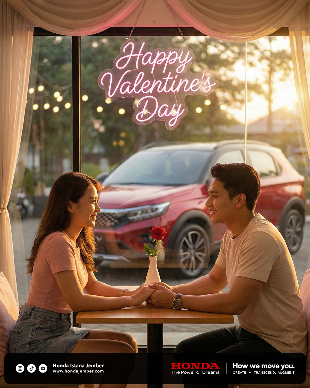 Seorang pria dan wanita merayakan Hari Valentine di sebuah kafe bersama Honda WR-V