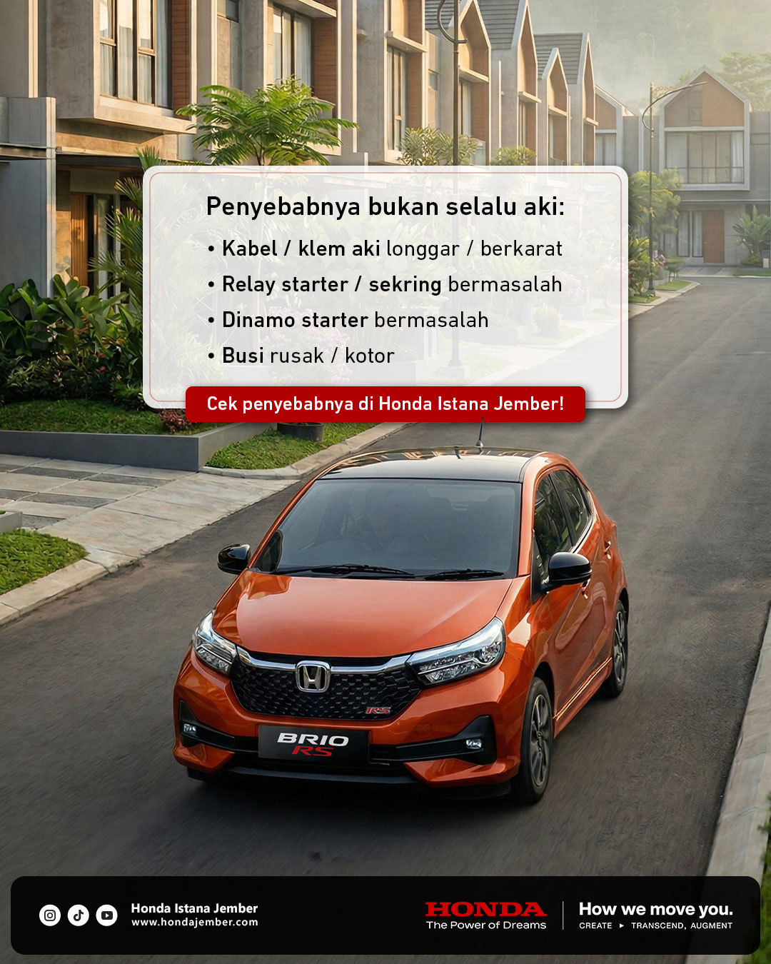 Honda Brio RS Phoenix Orange Pearl berkendara di jalanan perumahan Jember