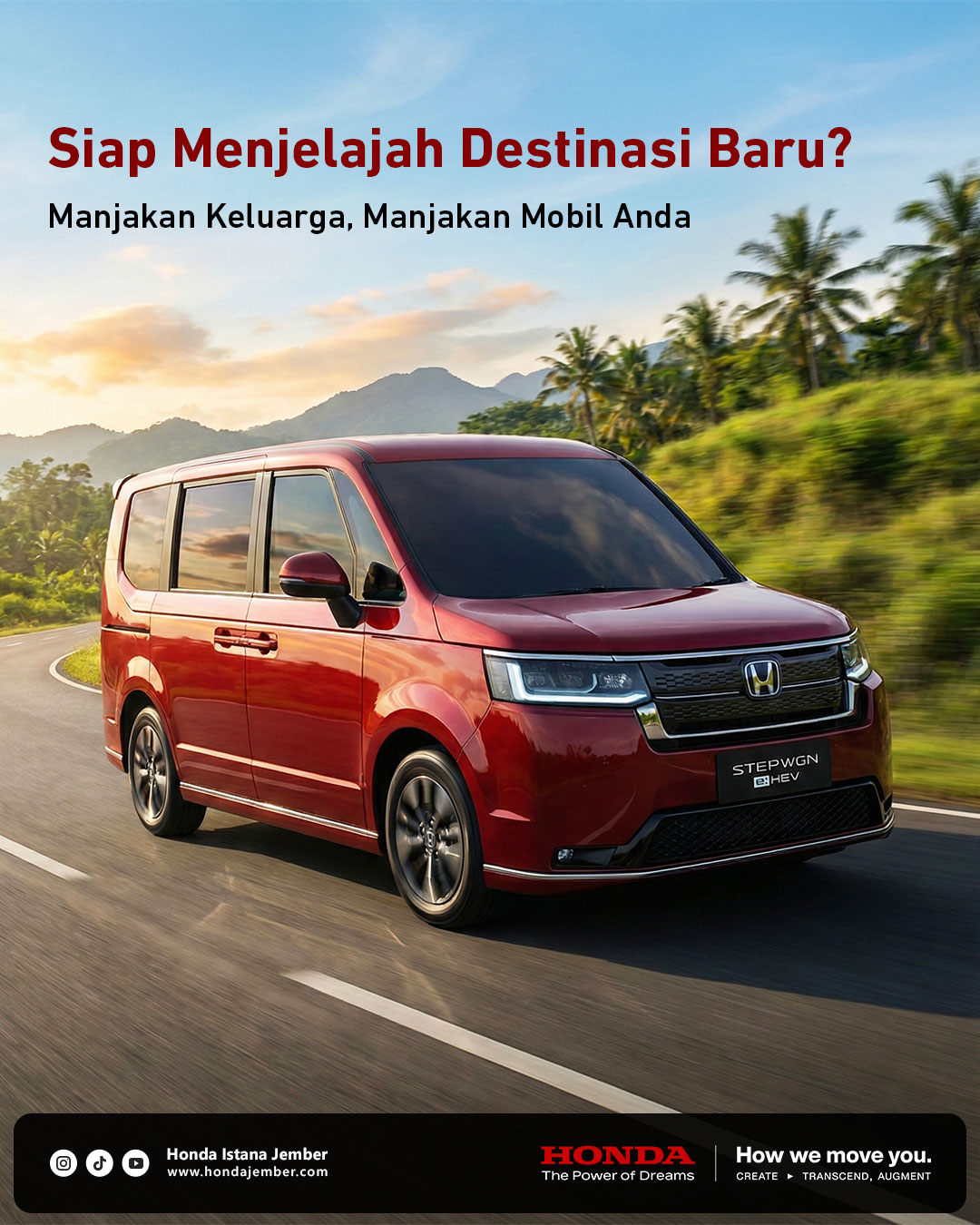 Honda STEP WGN melaju di jalan dengan pemandangan alam yang indah